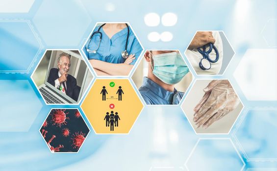 Coronavirus COVID-19 image set banner in concept of prevention information including safety precaution and doctor service to prevent spreading infection of covid-19 or 2019 Coronavirus Disease.