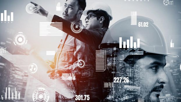 Future building construction and inventive engineering project concept with HUD hologram graphic design. Building engineer, architect people or construction worker works with modern civil technology.