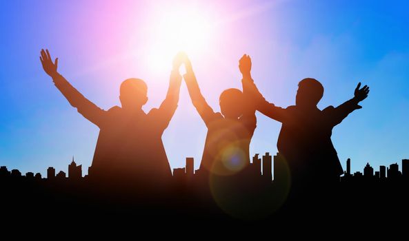 Achievement and Business Goal Success Concept - Creative business people with icon graphic interface showing employee reward giving for business success achievement.