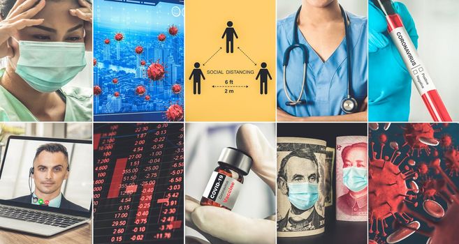 Coronavirus COVID-19 news story summary photo set in concept of covid-19 effects to people life behavior, economy, social and medical service caused by outbreak of 2019 coronavirus disease.