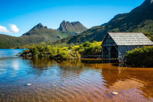 Beautiful scene of Cradle mountain peak from Dove lake in Cradle Mountain National Park, Tasmania, Australia.