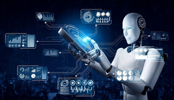 Robot humanoid using tablet computer for big data analytic using AI thinking brain , artificial intelligence and machine learning process for the 4th fourth industrial revolution . 3D rendering.
