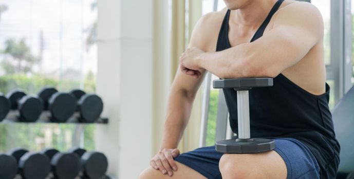 Muscular man bodybuilder in fitness gym training with dumbbells. Healthy lifestyle and bodybuilding concept.