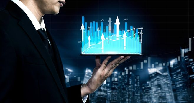 Double Exposure Image of Business and Finance - Businessman with report chart up forward to financial profit growth of stock market investment.