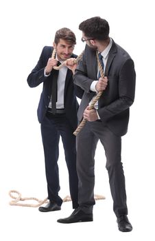 full length . two businessmen pulling a long rope. isolated on white background.