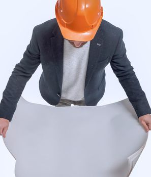 top view.architect engineer in orange helmet . isolated on white background