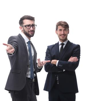 in full growth. two businessmen standing together. isolated on white background.