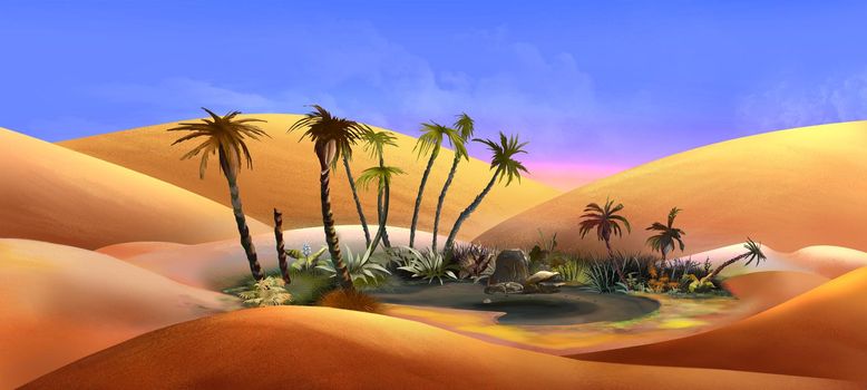 Dry oasis in the middle of the desert. Digital Painting Background, Illustration.