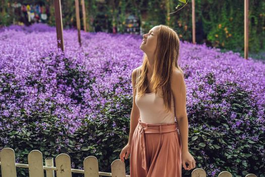 Young woman on lavender field. Lavender farm concept.