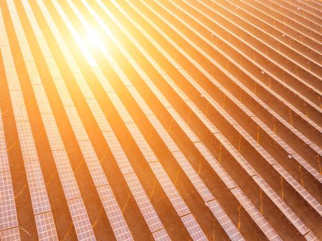 Aerial top view of a solar panels power plant. Photovoltaic solar panels at sunrise and sunset in countryside from above. Modern technology, climate care, earth saving, renewable energy concept