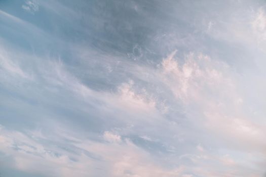 Drone flies high back in blue sky through fluffy clouds. Beautiful foggy and cloudy slow moving Aerial view. Fog sea.