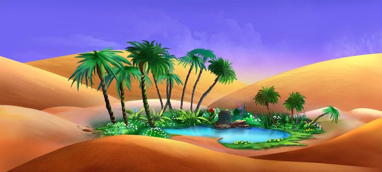 Blooming oasis in the middle of the desert. Digital Painting Background, Illustration.