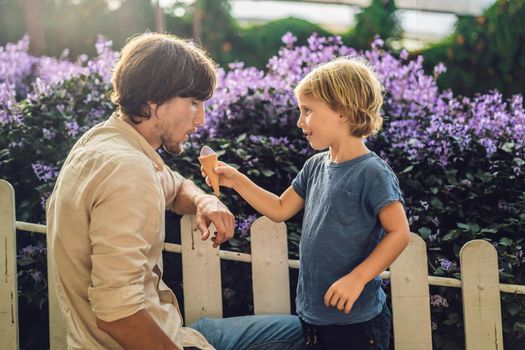 Dad and son eating lavender ice cream on the background of a lavender field.