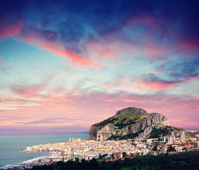 Fantastic view of the nature reserve Monte Cofano. Dramatic scene. Sunset over sea. Location cape San Vito. Sicilia, Italy, Europe. Mediterranean and Tyrrhenian sea.