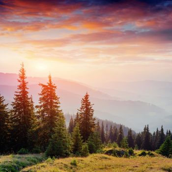 Colorful sky at sunset in the mountains. Fantastic cumulus clouds. Carpathians. Ukraine. Europe