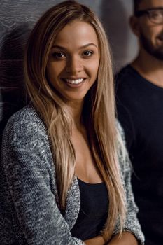 He vs she happy together. Close up portrait of attractive, caucasian, lovely, cute, couple in casual outfit looking at camera standing with crossed arms over grey background