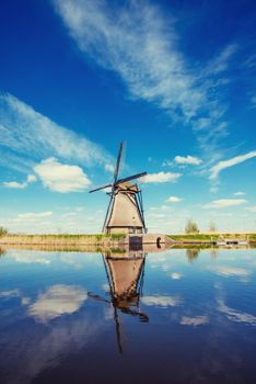 Traditional Dutch windmills from the channel Rotterdam. Holland.