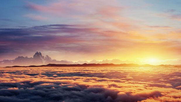 Cumulus fantastic fog in the morning sky.Carpathian Ukraine Europe