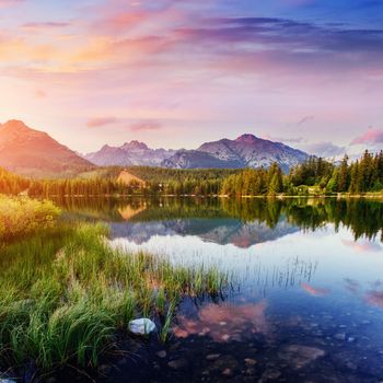 Majestic mountain lake in National Park High Tatra. Strbske pleso, Slovakia, Europe.