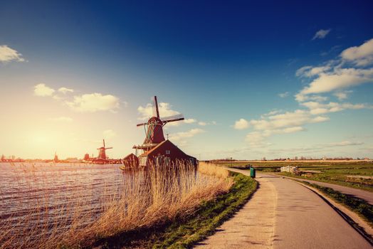 Traditional Dutch windmills from the channel Rotterdam. Holland.