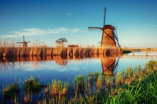 Traditional Dutch windmills from the channel Rotterdam. Holland.