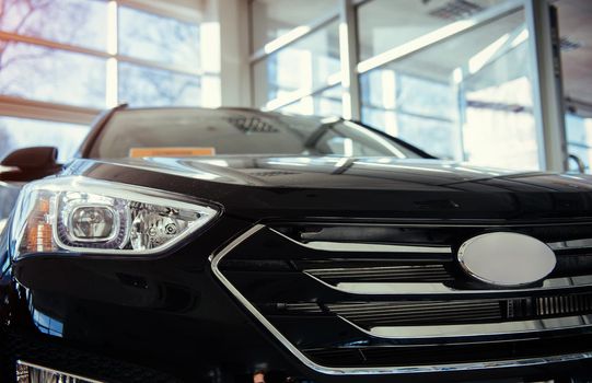 The headlights and the hood of a black sports car.