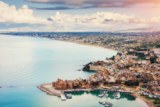 The view from the heights of the city. The dramatic and picturesque scene. Location Trapani, Erice, Sicily, Italy, Europe. Mediterranean and Tyrrhenian Sea.