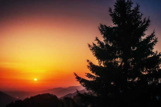 colorful sky with sun background in mountains. sunset, sunrise. Ukraine. Europe