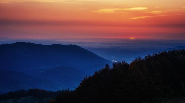 colorful sky with sun background in mountains. sunset, sunrise. Ukraine. Europe