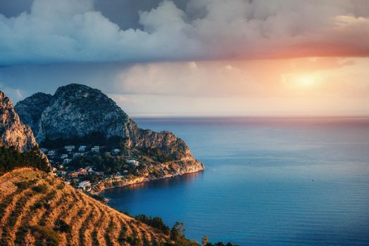 The view from the heights of the city. The dramatic and picturesque scene. Location Trapani, Erice, Sicily, Italy, Europe. Mediterranean and Tyrrhenian Sea.