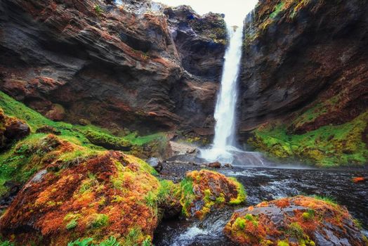 Fantastic landscape of mountains and waterfalls in Iceland.
