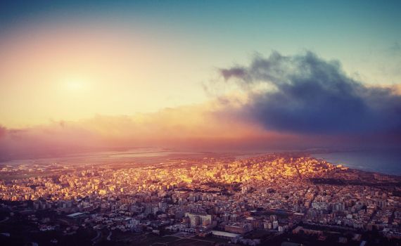 The view from the heights of the city. The dramatic and picturesque scene. Location Trapani, Erice, Sicily, Italy, Europe. Mediterranean and Tyrrhenian Sea.