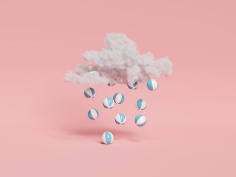 3D illustration of white cloud dropping striped beach balls during rain against pink background