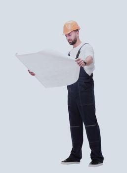 in full growth. competent foreman Builder looking at drawings. isolated on white background