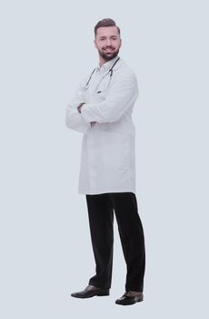 in full growth. smiling medical specialist inviting you.isolated on white background