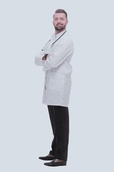 in full growth. smiling medical specialist inviting you.isolated on white background