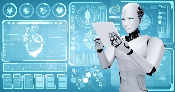 Future medical technology controlled by AI robot using machine learning and artificial intelligence to analyze people health and give advice on health care treatment decision . 3D illustration .
