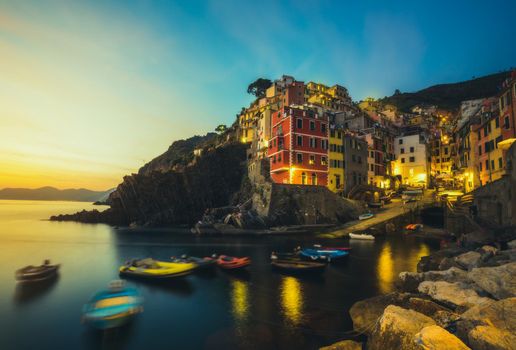 Riomaggiore of Cinque Terre, Italy - Traditional fishing village in La Spezia, situate in coastline of Liguria of Italy. Riomaggiore is one of the five Cinque Terre travel attractions.