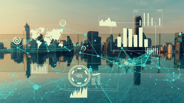 Business data analytic interface fly over smart city showing alteration future of business intelligence. Computer software and artificial intelligence are used to analyze big data for strategic plan .