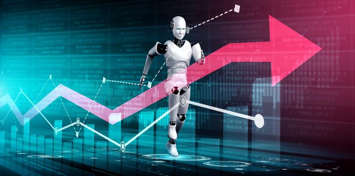 Business growth concept by using AI robot and machine learning technology to analyze data and give advice on future business investment planning . 3D rendering illustration .