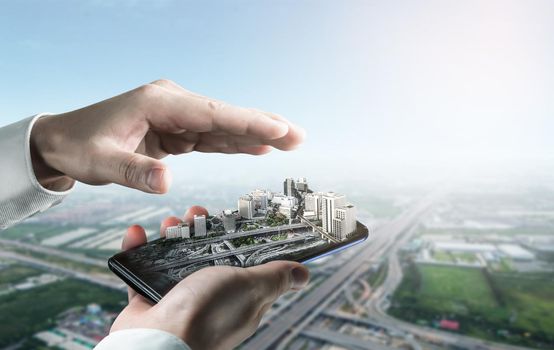Innovative architecture and civil engineering building construction project. Creative graphic design showing concept of infrastructure city building by professional architect, worker and engineer.