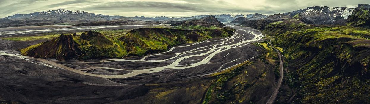 The beautiful unique aerial view landscape of Thorsmork in highland of Iceland.