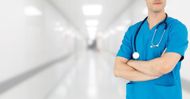 Young male doctor working at the hospital. Medical healthcare and doctor staff service.