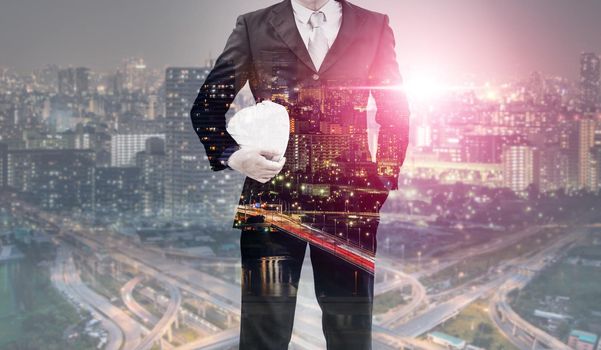 Future building construction engineering project concept with double exposure graphic design. Building engineer, architect people or construction worker working with modern civil equipment technology.