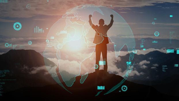 Achievement and Business Goal Success conceptual - Creative business people with icon graphic interface showing employee reward giving for business success achievement.