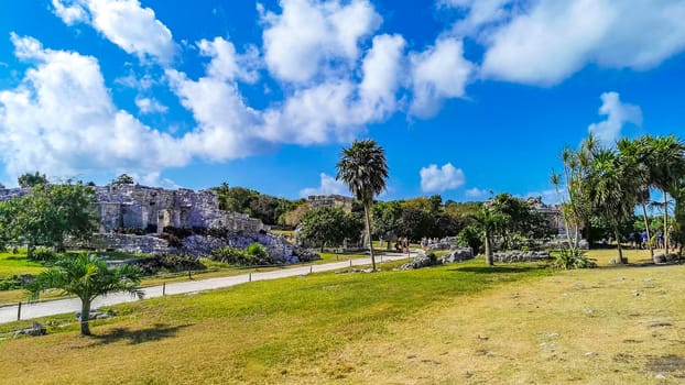 Ancient Tulum ruins Mayan site with temple ruins pyramids and artifacts in the tropical natural jungle forest palm and seascape panorama view in Tulum Mexico.