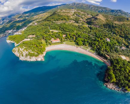 Queen's Beach in Milocer, Montenegro. Aerial view of sea waves and fantastic Rocky coast, Montenegro.