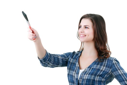 The builder woman holds a brush in her hand. on a white background