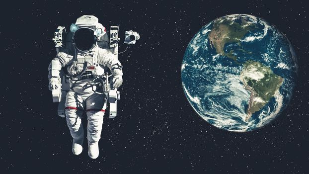 Astronaut spaceman do spacewalk while working for spaceflight mission at space station . Astronaut wear full spacesuit for operation . Elements of this image furnished by NASA space astronaut photos .