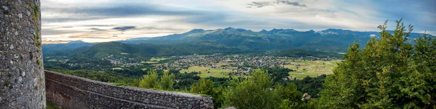 Panoramic view of village Donje Jelenje. Picture taken from Grobnik Castle. In background is mountain Velebit.